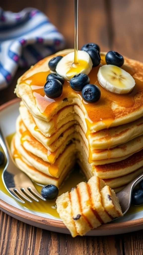 Fluffy Vegan Pancakes Recipe A delicious stack of vegan pancakes topped with maple syrup and fresh fruits on a wooden table.